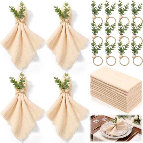 Sawysine 24 Pcs Beige Cloth Napkins with Rings Set 17" x 17" Boho Washable Cotton Dinner Napkins Wedding Eucalyptus Leaf Napkin Rings for Bridal Shower Birthday Party Anniversary Decoration