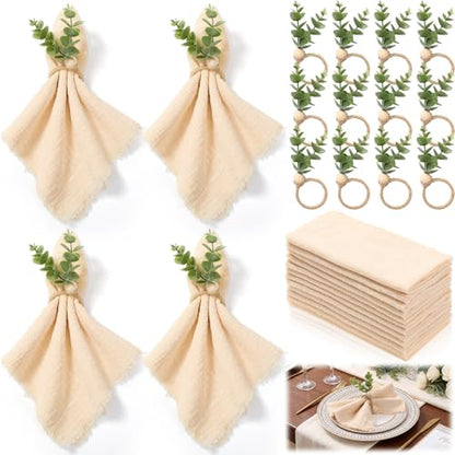 Sawysine 24 Pcs Beige Cloth Napkins with Rings Set 17" x 17" Boho Washable Cotton Dinner Napkins Wedding Eucalyptus Leaf Napkin Rings for Bridal Shower Birthday Party Anniversary Decoration