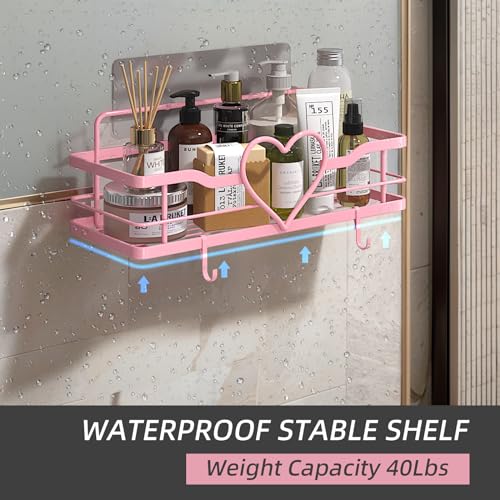 Pink Shower Caddy with 4 Removable Hooks, 2 Pack Sweet Heart Shower Shelves,No Drilling Adhesive Organizer Shelf for Bathroom Shower,Kitchen,Bedroom | Shower Shelf with 4 Removable Hooks,Holds 40 lbs,Rustproof Metal,For bathroom,kitchen,dorm,Cute Shower O