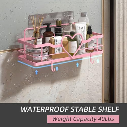 Pink Shower Caddy with 4 Removable Hooks, 2 Pack Sweet Heart Shower Shelves,No Drilling Adhesive Organizer Shelf for Bathroom Shower,Kitchen,Bedroom | Shower Shelf with 4 Removable Hooks,Holds 40 lbs,Rustproof Metal,For bathroom,kitchen,dorm,Cute Shower O