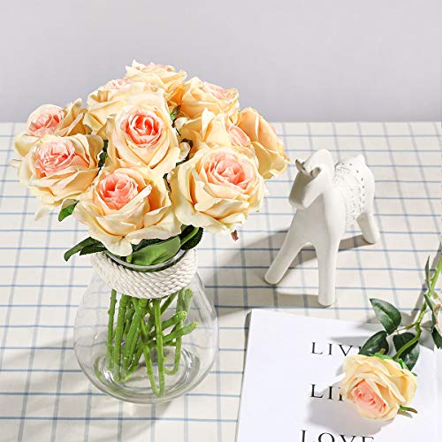Tifuly Champagne Roses Artificial Flowers - 12 pcs Realistic Single Long Stem Fake Silk Roses Bouquet for Party Home Wedding Centerpiece Office DIY Decor | 12 pcs Realistic Single Long Stem Fake Silk Roses Bouquet for Party Home Wedding Centerpiece Office