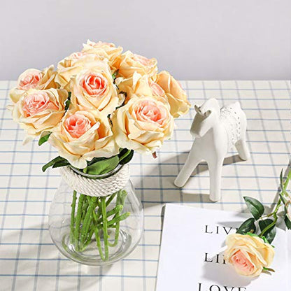 Tifuly Champagne Roses Artificial Flowers - 12 pcs Realistic Single Long Stem Fake Silk Roses Bouquet for Party Home Wedding Centerpiece Office DIY Decor | 12 pcs Realistic Single Long Stem Fake Silk Roses Bouquet for Party Home Wedding Centerpiece Office