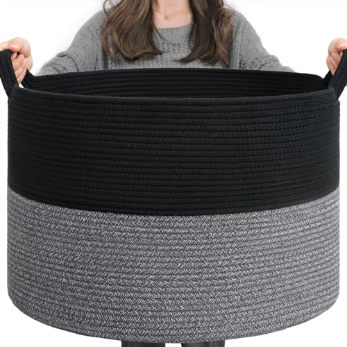 INDRESSME XXXLarge Woven Rope Blanket Basket Living Room Black Grey | 21.7" x 13.8" Storage baskets for toys laundry & pillows. Fits living room bedroom or playroom décor. Soft-touch with handles - color: Black & Grey, size: 21.7"D x 13.8"H