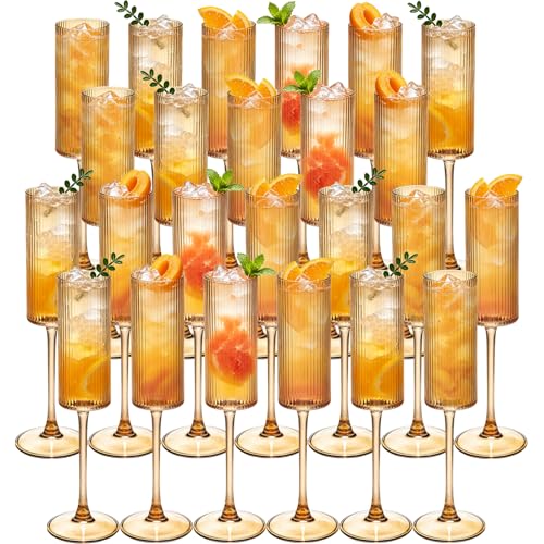 24Pieces Amber Crystal Wine Glasses 6OZ Goblet Ribbed Champagne Flutes Mimosa Bar Toasting Glass Champagne Long Stem Vintage Drinking Colored Glasses for Birthday, Wedding, Cocktail Cups - color: Amber, size: 24 PCS