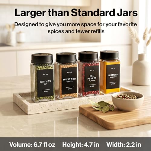 Glass Spice Jars with Labels & Black Rotating Lids – 12 Large Square Airtight Containers 6.7 oz / 200ml with Shaker Inserts, Funnel & 160 Waterproof Labels for Kitchen Pantry Organization
