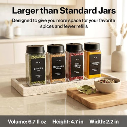 Glass Spice Jars with Labels & Black Rotating Lids – 12 Large Square Airtight Containers 6.7 oz / 200ml with Shaker Inserts, Funnel & 160 Waterproof Labels for Kitchen Pantry Organization