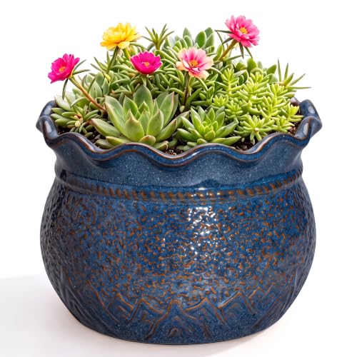 8 Inch Plant Pot, Ceramic Planter for Indoor Plants, Retro Blue | Unique Ceramic Pots for Plants with Drainage Hole, Decorative Round Planter, Living Room Decor, Garden Gifts Women - color: Retro Blue, size: 8 Inch