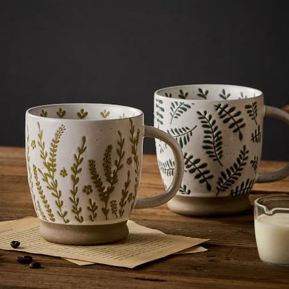 18 Oz Large Ceramic Coffee Mug Set of 2 - Rustic Handmade Floral Mugs with Handle, Microwave Safe for Latte Espresso Cappuccino Tea Cocoa Milk, Modern Unique Big Cups for Kitchen Women(Sage Green) - color: Sage Green