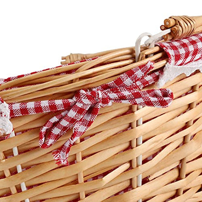 Natural Wicker Woven Gift Easter Basket, Hand Woven Empty Willow Woven Basket with Double Folding Handles and Washable Gingham Liner, Wicker Picnic Basket for Egg Candy Fruit Toy Storage