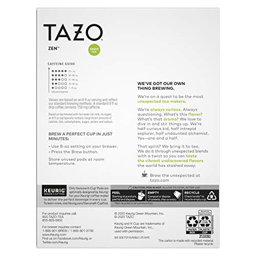 TAZO Organic Zen Green Tea K-Cups, Caffeine Free Tea with Refreshing Lemongrass & Spearmint, 22 Pods (Pack of 2) - size: 22 Count (Pack of 2) Organic Zen