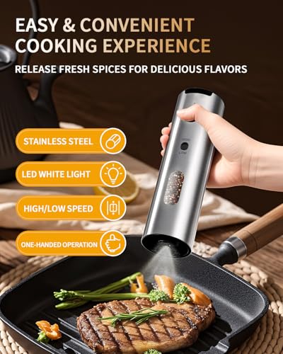 CIRCLE JOY Rechargeable Electric Salt and Pepper Grinder Set, 2-speed Stainless Steel Automatic Pepper Mill Grinder w/Charging Base, Adjustable Coarseness, LED Light, 110ml Large Capacity Top Fill - color: 2-Speed Silver