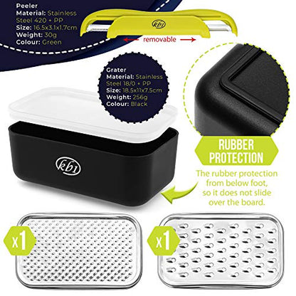 Cheese Grater with Container and Lid & Peeler Set - Vegetable Fruit Multi-Function Stainless Steel Kitchen Utensil Kit with Black Food Plastic Storage Stable Box - Hand Chopper Graters & Peelers