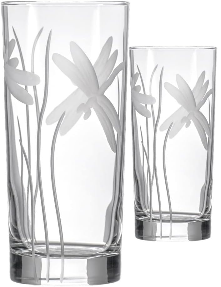 Rolf Glass Dragonfly Highball Glass 15 ounce - Set of 2 Cooler Glasses – Lead-Free Glass - Etched Drinking Glass with Heavy Base - Made in the USA - color: Highball 2 Set