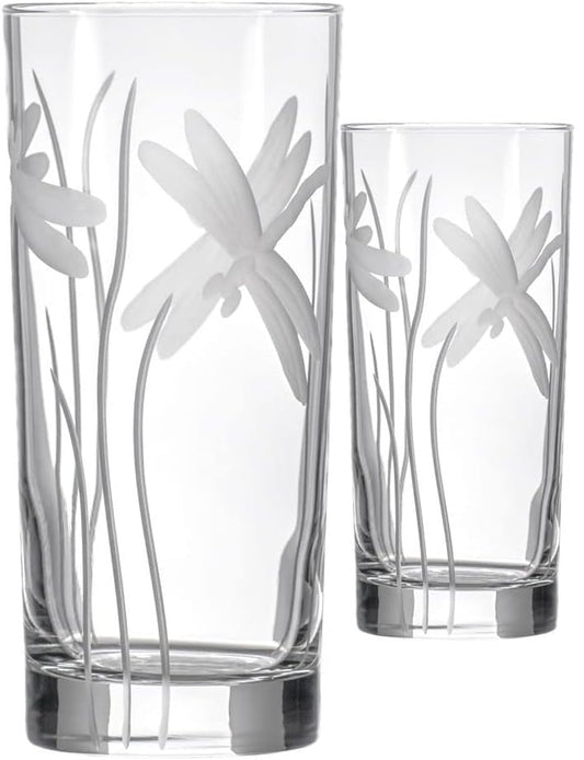 Rolf Glass Dragonfly Highball Glass 15 ounce - Set of 2 Cooler Glasses – Lead-Free Glass - Etched Drinking Glass with Heavy Base - Made in the USA - color: Highball 2 Set