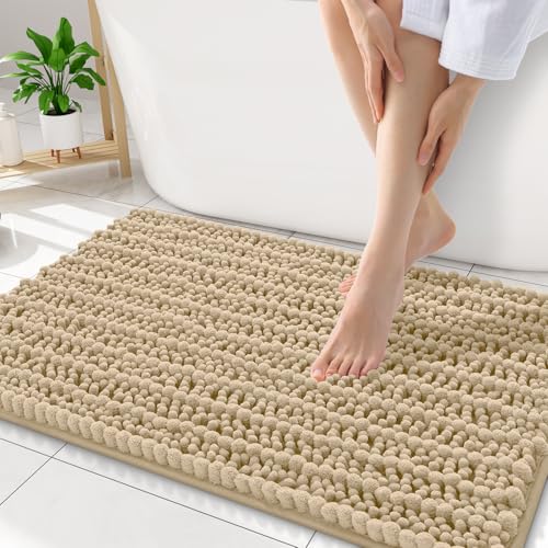 Smiry Bathroom Rugs 34X21, Extra Soft Rubber Backing Chenille Bath Mats | Beige Machine Washable Non Slip Quick Dry Bath Mats for Bathroom Floor, Tub, Shower, Home Decor Accessories - color: Beige, size: 34'' X 21''