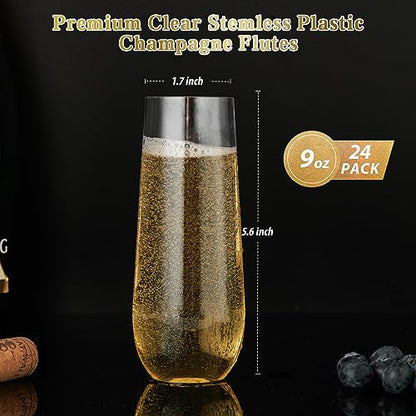FOCUSLINE 24 Pack 9 Oz Clear Plastic Champagne Flutes, Stemless Plastic Champagne Glasses Clear, Heavy Duty Toasting Glasses, Shatterproof and Disposable Cups Perfect For Any Party - color: Clear Plastic Champagne Flutes