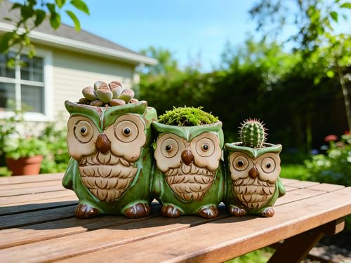 Cute Owl Planter, Small Funny Succulent Pots, Unique Decorative Animal Statue Ceramics Plant Pot for Indoor/Outdoor Home Office with Drainage, Owl Gifts for Women Mother Teacher, Three Owls