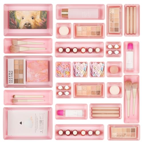 Vtopmart 25 Pack Plastic Drawer Organizers with Non-slip Rubber Pads | 4-Size Versatile Makeup Organizer, Storage Containers Small Bins for Makeup, Jewelries, Bedroom, Kitchen Utensils and Office - color: Pink