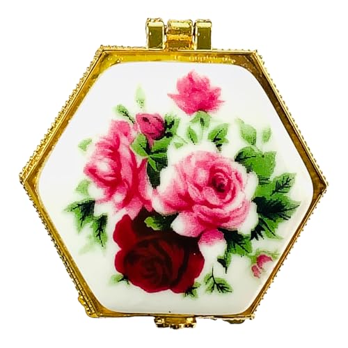 Tiny Hexagon Porcelain Trinket Box | Pink Rose Bouquet | French Style Gift Box with Velvet Bag - style: Pink Rose Bouquet Hexagon
