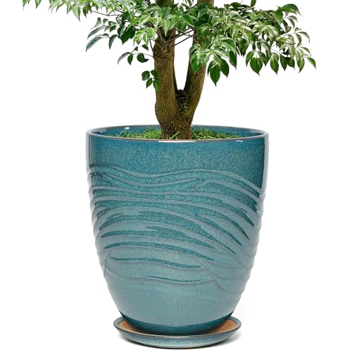11.8 Inch Modern Ceramic Plant Pot with Saucer, Flower Pot with Drainage Hole Mesh Net,Indoor Outdoor Planter (Crackle-Blue) - color: Crackle-blue, size: 11.8 Inch
