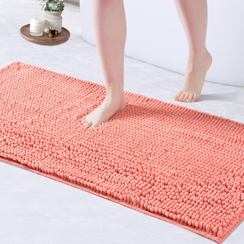 FRESHMINT Large Chenille Bathroom Rugs Mat 47"x24", Non-Slip Bath Mat for Bathroom Floor & Bathtub, Washable Shower Shag Bath Rugs, Soft Thick Water Absorbent Microfiber Shower Mat, Coral - color: Coral, size: 2' x 3'11" (Rectangular)