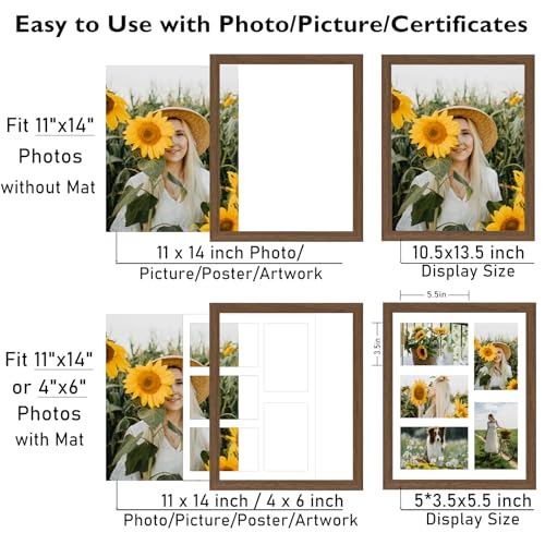 JCJMY 11x14 Picture Frame, 4x6 Collage Picture Frame, Display 5 Pcs 4x6 Photos or 11x14 Picture, Five Opening 4x6 Collage Frame for Wall Hanging, Lightweight 4 x 6 Multi Pictures Frame, Brown - color: Brown