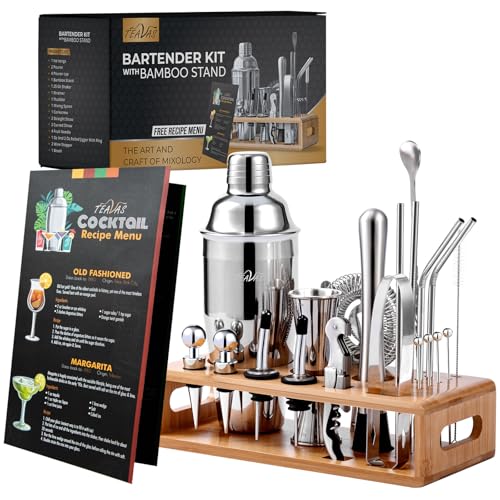 Mixology Bartender Kit with Japanese Jigger & Bamboo Stand - 25 Piece Stainless Steel Cocktail Making Set, Shaker, Strainer, Mixer, Spoon, Muddler, Barware Tools - Birthday Gifts & Anniversary
