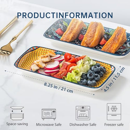 Boho Ceramic Rectangular Appetizer & Sushi Plates Set of 6, 8 Inch | Ideal for Desserts, Cake, Fruit, Snacks & Small Side Dishes, Microwave & Dishwasher Safe, Assorted Patterns - size: 8 Inch