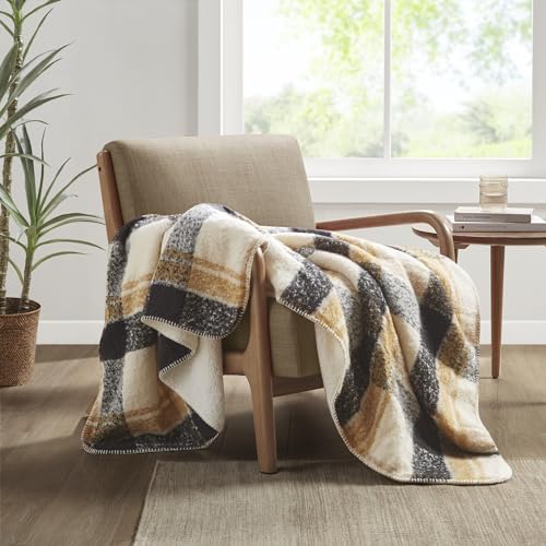 Woolrich Sherpa Whipstitch Throw Blanket 50x60 Plaid Tan Soft Couch | Lightweight comfort for layering, Sofa ready accent for lodge rooms, Fringe edge adds texture, Easy care, OEKO-TEX certified - color: Tan