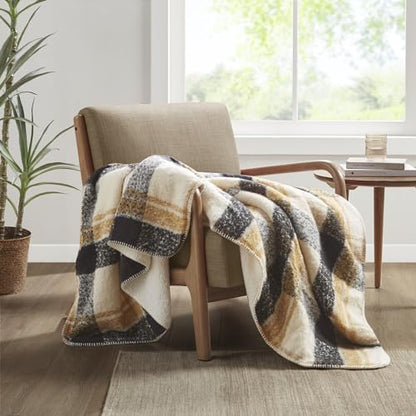 Woolrich Sherpa Whipstitch Throw Blanket 50x60 Plaid Tan Soft Couch | Lightweight comfort for layering, Sofa ready accent for lodge rooms, Fringe edge adds texture, Easy care, OEKO-TEX certified - color: Tan