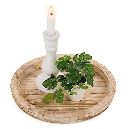 Hanobe Wooden Decortaive Coffee Table Tray, Round Candle Holder Centerpiece | Light Wood Vintage Table Centerpiece Tray Rustic Farmhouse Home Decor Serving Tray - color: Light Burnt Wood