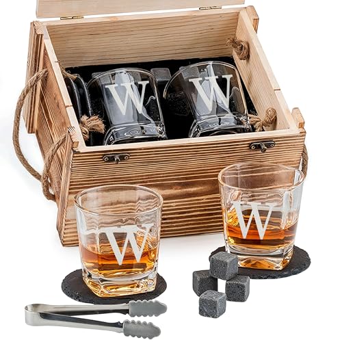 Custom Monogram Since Year Whiskey Glass Set, 2 Glasses, Wood Crate | Name Design, 6 Granite Stones, Tongs Included, 2 Slate Coasters, Rustic Wood Design, Scotch Bourbon Lover Gift