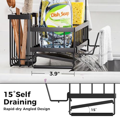 Kitchen Sink Organizer, Stainless Steel Sponge Holder, Black | Rust-Resistant Steel, Detachable Draining Board, Compartment Divider, Brush Holder & Towel Bar, Ideal for Kitchen Storage - color: Black