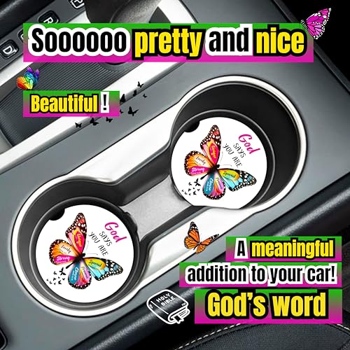 Christian Car Coasters for Cup Holders - 2 Pack Cute Butterfly Bible Verses Car Accessories for Women, Inspirational Faith Decor, Absorbent Ceramic Cup Holder Coaster for Car, Scripture Religious Gift