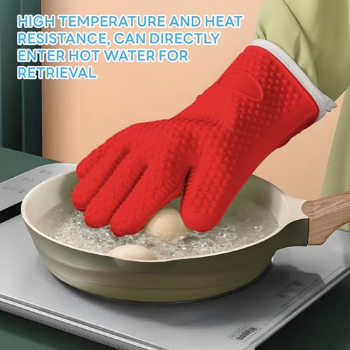 1 Pair Oven Mitts, Heat Resistant Protective Oven Gloves, Cotton Lined Silicone Kitchen Mitts Pair, Nonslip Silicone Cooking Gloves with Fingers (Red) - color: Red