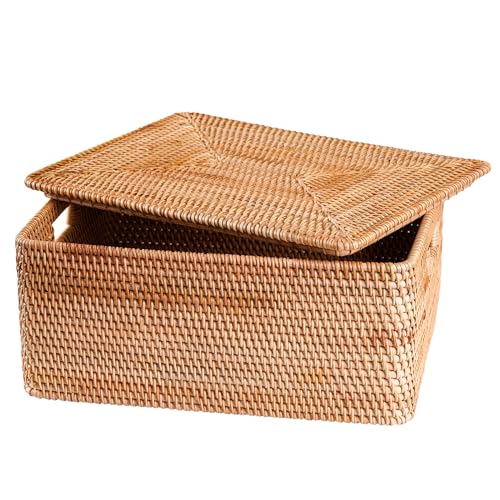 Rattan Basket with Lid, 11.81"×7.87"×5.91", Handwoven Storage | Handwoven from natural rattan | Durable & sturdy lid | Stackable design | Ages beautifully over time - size: 11.81"×7.87"×5.91"