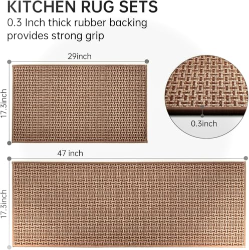 eqivei Kitchen Rugs and Mats Non Skid Washable Set of 2 PCS, Absorbent Runner Rugs for Kitchen, Farmhouse Weave Floor Mats in Front of Sink, 17.3"x 47"+17.3"x 29" (Brown) - color: Brown