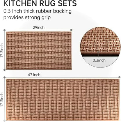 eqivei Kitchen Rugs and Mats Non Skid Washable Set of 2 PCS, Absorbent Runner Rugs for Kitchen, Farmhouse Weave Floor Mats in Front of Sink, 17.3"x 47"+17.3"x 29" (Brown) - color: Brown