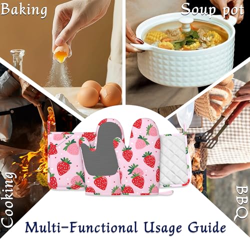 Pink Cute Strawberry Potholders & Oven Mitts Sets Summer Fruits Silicone Heat Resistant Oven Mits and Hot Pads Non-Slip Pot Holders Gloves for Kitchen Chef Cooking Baking Grilling BBQ - color: Pink Cute Strawberry,summer Fruits