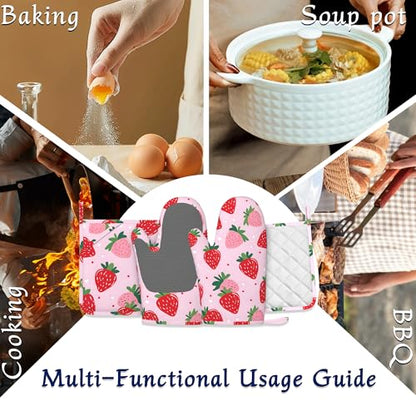 Pink Cute Strawberry Potholders & Oven Mitts Sets Summer Fruits Silicone Heat Resistant Oven Mits and Hot Pads Non-Slip Pot Holders Gloves for Kitchen Chef Cooking Baking Grilling BBQ - color: Pink Cute Strawberry,summer Fruits