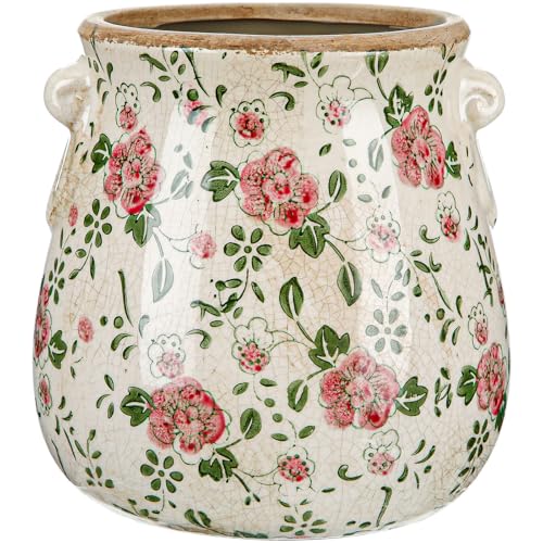 Ceramic Scroll Planter 6.5 Inch Chinoiserie Floral Vase with Drainage Holes Vintage Flower Vase Flower Pot Rustic Ceramic Pots for Indoor Plants Garden Home Bookshelf Decor (Red Plum) - style: Red Plum