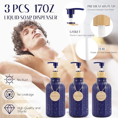 XLHOMO 32PCS Bathroom Sets with Shower Curtain and Rugs Navy Blue Shower Curtain Set 3PCS Soap Dispenser Bathroom Accessories with Bathroom Trash Can - size: Bath Set+Shower Curtain+Bath Rugs, style: Navy Blue
