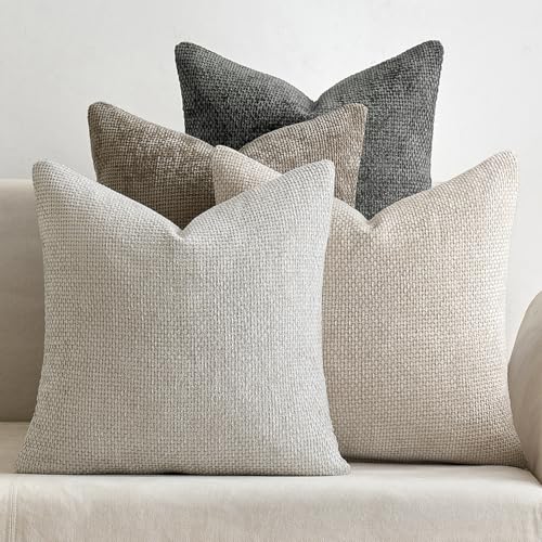 MIULEE Soft Decorative Chenille Pillow Covers Neutral 16x16 Pack of 4 | Mid Century Modern Decor, Cream to Charcoal Set, Couch Throw Pillows, Farmhouse Boho Cushion Covers for Sofa Bed Living Room - color: Neutral, size: 16" x 16" (Pack of 4)