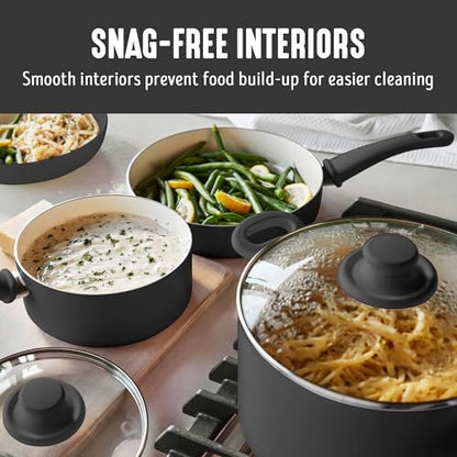 GreenLife 16 Piece Ceramic Nonstick Pots & Pans Cookware Set, Black & Cream | PFAS-Free Nonstick Coating, Stockpot, Frying Pans, Saucepans, Sauté Pan, Stay-Cool Handles, Dishwasher & Oven Safe up to 350F - color: Graphite Black, style: Soft Grip