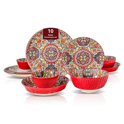 Boho 10 Pieces Dinnerware Sets, Plates and Bowls Set, Porcelain Dishes Set for 2, Microwave and Dishwasher Safe, Scratch Resistant, Bohemian Style Dining Ware, Red - color: Red