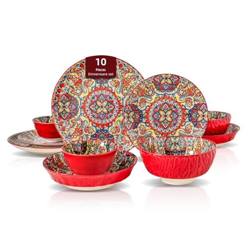 Boho 10 Pieces Dinnerware Sets, Plates and Bowls Set, Porcelain Dishes Set for 2, Microwave and Dishwasher Safe, Scratch Resistant, Bohemian Style Dining Ware, Red - color: Red