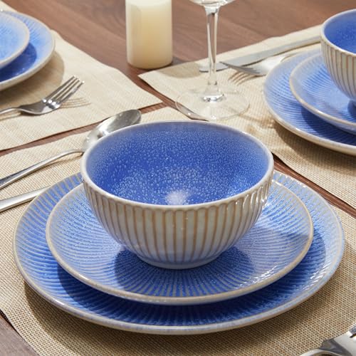 Ceramic Dinnerware Sets for 4, 12pcs Plates and Bowls Sets Dish Set | Stoneware Dishware sets, Microwave & Dishwasher Safe, Cereal Bowls and Dinner Plates Set, Stackable Dishes Set, Blue - color: Embossed Blue, size: Set (12pcs)