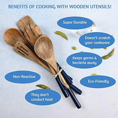 Folkulture Premium Wooden Spoons for Cooking,Kitchen Utensils Set of 5(12") | Soft, Comfort, Non-Toxic Cooking Utensils Set for Kitchen, Acacia Wooden Utensil Set, Cooking Gift, Kitchen Essential - color: Blue