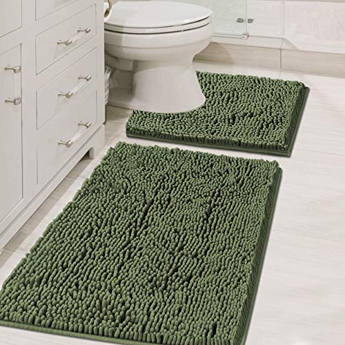 H.VERSAILTEX Bathroom Rugs Luxury Chenille Mat Set, Soft Plush Shower Rug + Toilet Mat, Microfiber Shaggy Carpet, Super Absorbent, Machine Washable (Curved Set, 32" x 20"/20" x 20", Loden) - color: Loden, size: 20" x 32" Plus 20" x 20"