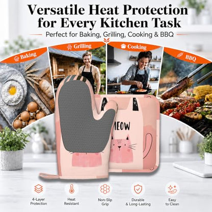Cute Pink Cat Oven Mitts and Pot Holders Sets Smile Face Silicone Heat Resistant Kitchen Oven Gloves Pot Holder for Cooking Baking Grilling BBQ - color: Cute Pink Cat